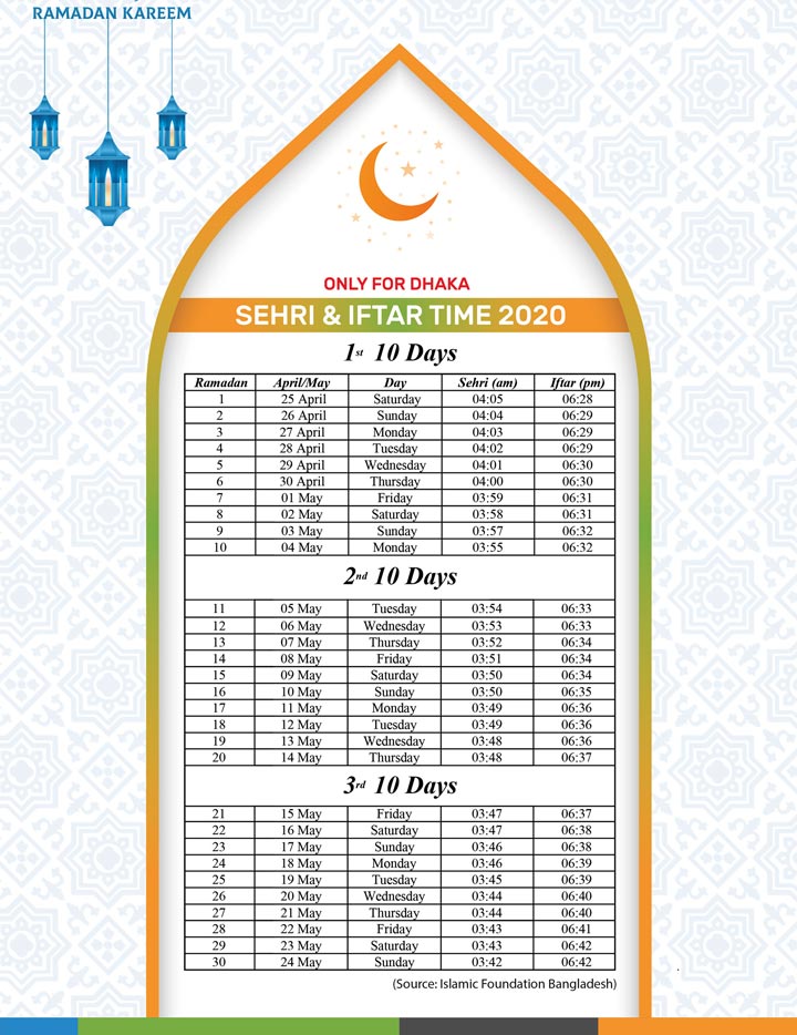 Sehri and Iftar Time Ramadan Calendar 2020 PDF Download